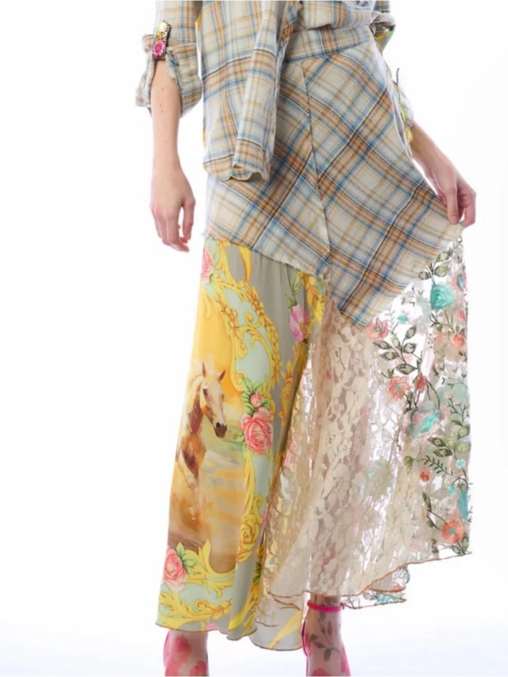 Aratta Mixed Floral Patchwork Maxi Skirt in Pastel Multi & horse - Picture 2 of 5